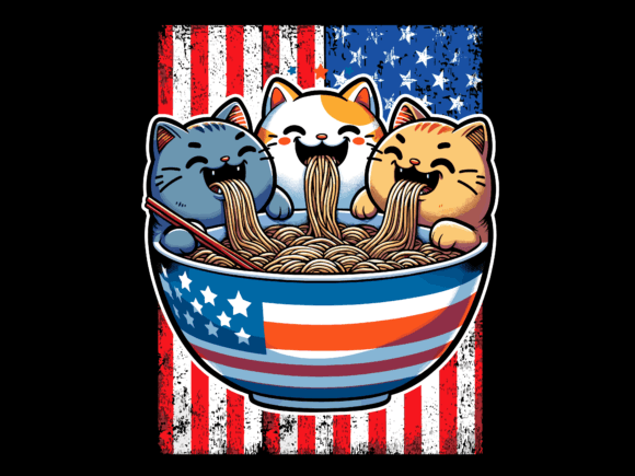 Three Cats Eating Ramen: A Playful T-Shirt Design Asset